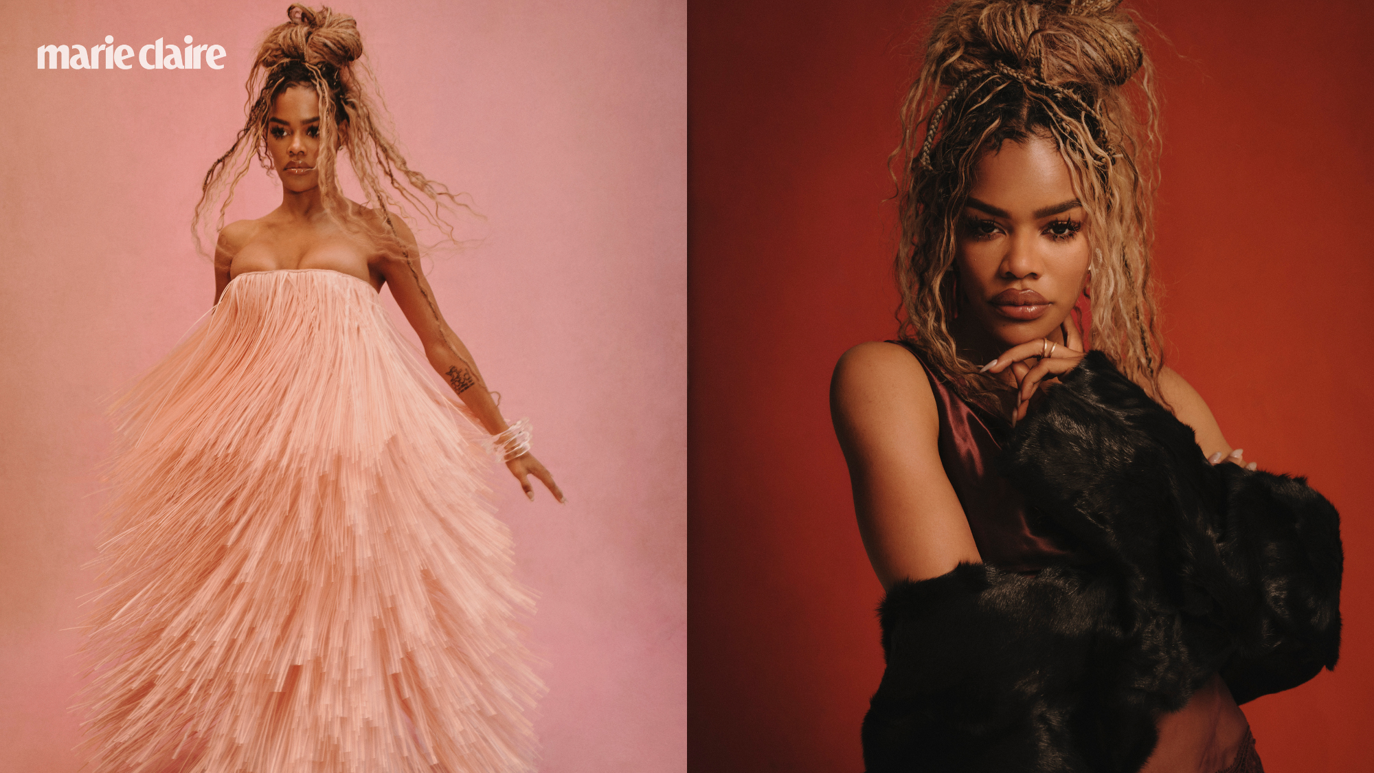 Two photos of Teyana Taylor, one wearing a floucy pink dress and the other wearing a black outfit