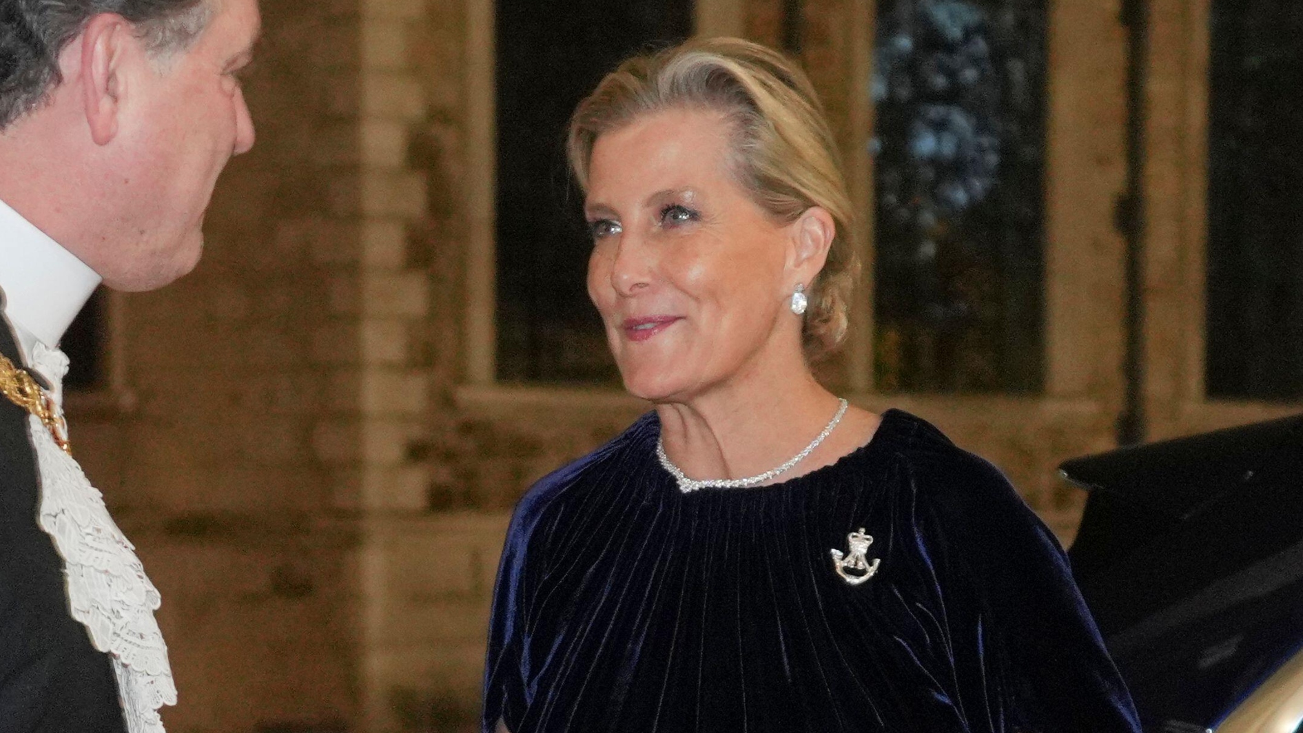 Sophie, Duchess of Edinburgh arrives to attend the Biennial RIFLES Awards Dinner wearing a velvet dress