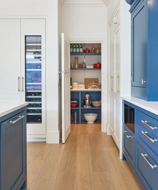 blue and white kitchen with separate walk-in pantry featuring same blue colour shelving and units as main kitchen