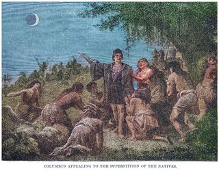 a man stands pointing at the moon while people around him look scared.