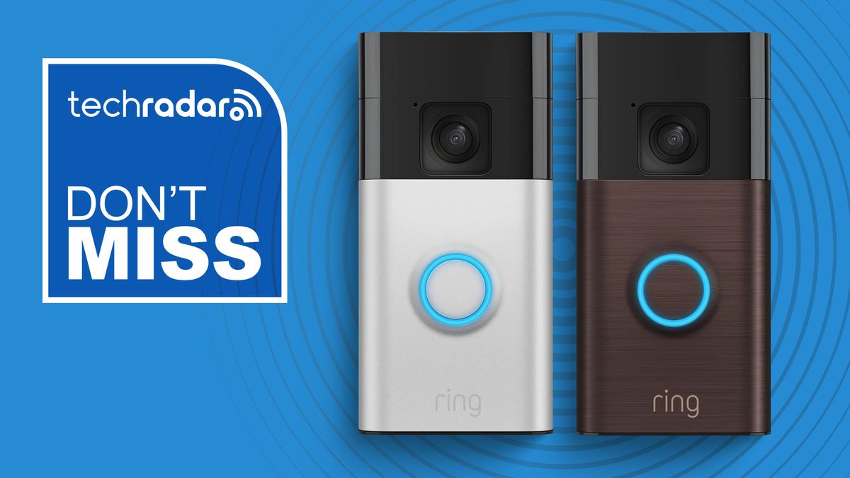 Two Ring Battery Video Doorbells on blue background with white text reading &quot;TechRadar don&#039;t miss&quot;