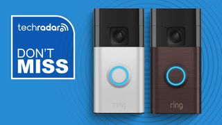 Two Ring Battery Video Doorbells on blue background with white text reading "TechRadar don't miss"