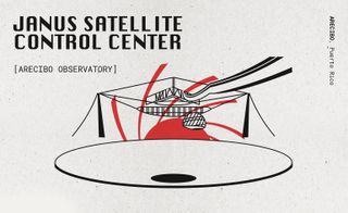 black and red drawing of satellite centre from the golden eye Bond movie