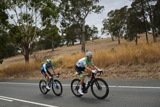 URAIDLA AUSTRALIA JANUARY 23 LR Geoffrey Bouchard of France and Team Decathlon Ag2R La Mondiale and Fergus Browning of Australia and ARA Australian Cycling Team compete in the breakaway during the 25th Santos Tour Down Under 2025 Stage 3 a 1475km stage from Norwood to Uraidla 491m UCIWT on January 22 2025 in Uraidla Australia Photo by Dario BelingheriGetty Images