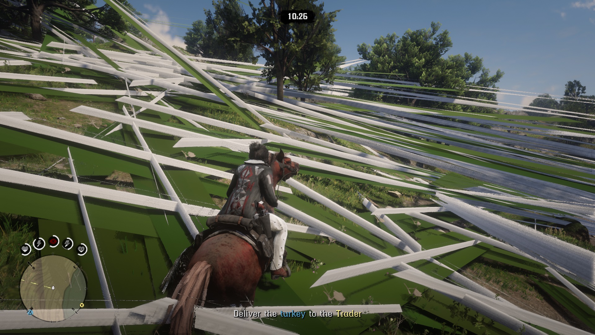 Red Dead Online - A player rides a horse while tons of green and white streaks cross the screen in a terrible graphical bug.