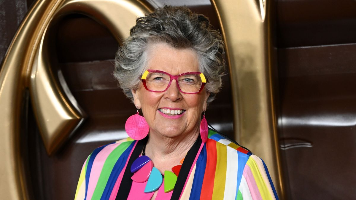 Bake Off judge Prue Leith arrives at the &quot;Wonka&quot; World Premiere at The Royal Festival Hall in bright jacket and bold glasses 