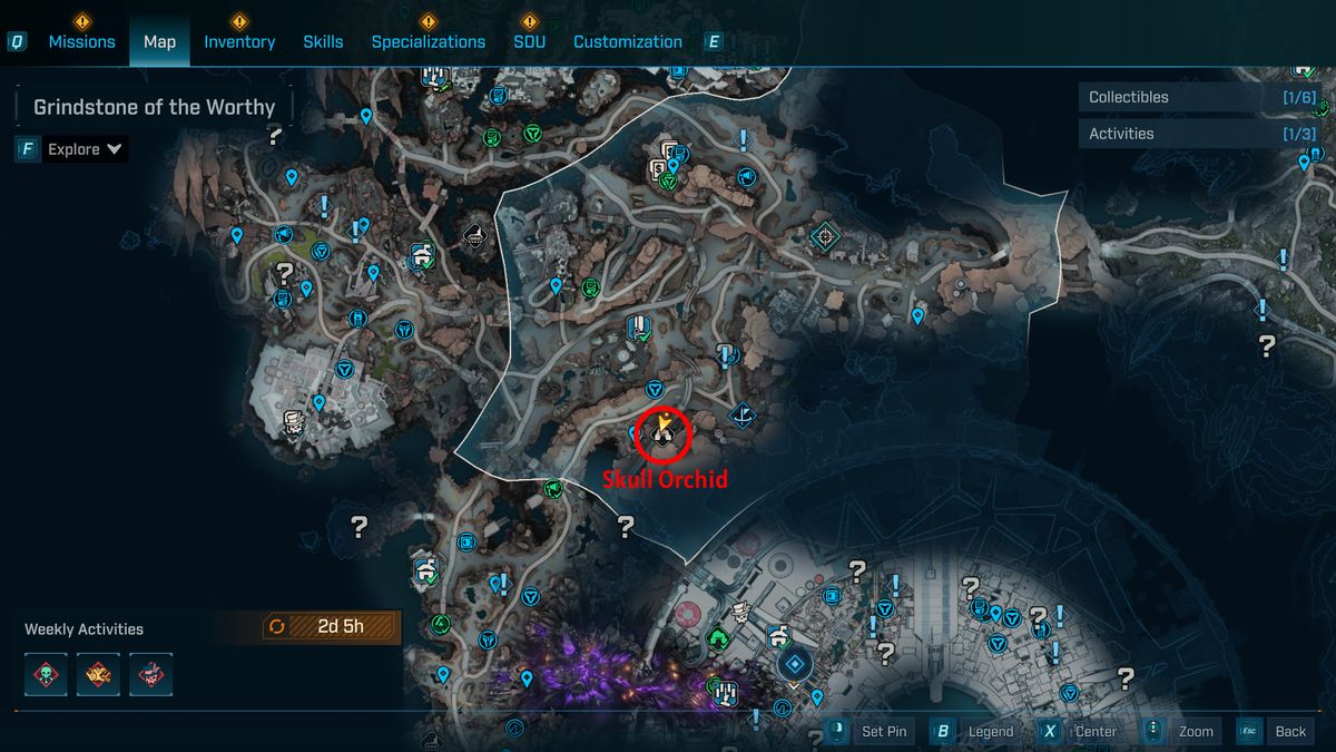 Borderlands 4 UVHM unlocks: A map with a red circle showing the location of the Skull Orchid boss in Carcadia Burn.
