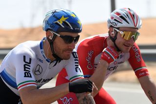 AL AIN UNITED ARAB EMIRATES FEBRUARY 23 Giacomo Nizzolo of Italy and Team Qhubeka Assos Elia Viviani of Italy and Team Cofidis during the 3rd UAE Tour 2021 Stage 3 a 166km stage from Al Ain Strata Manufacturing to Jebel Hafeet 1025m UAETour on February 23 2021 in Al Ain United Arab Emirates Photo by Tim de WaeleGetty Images