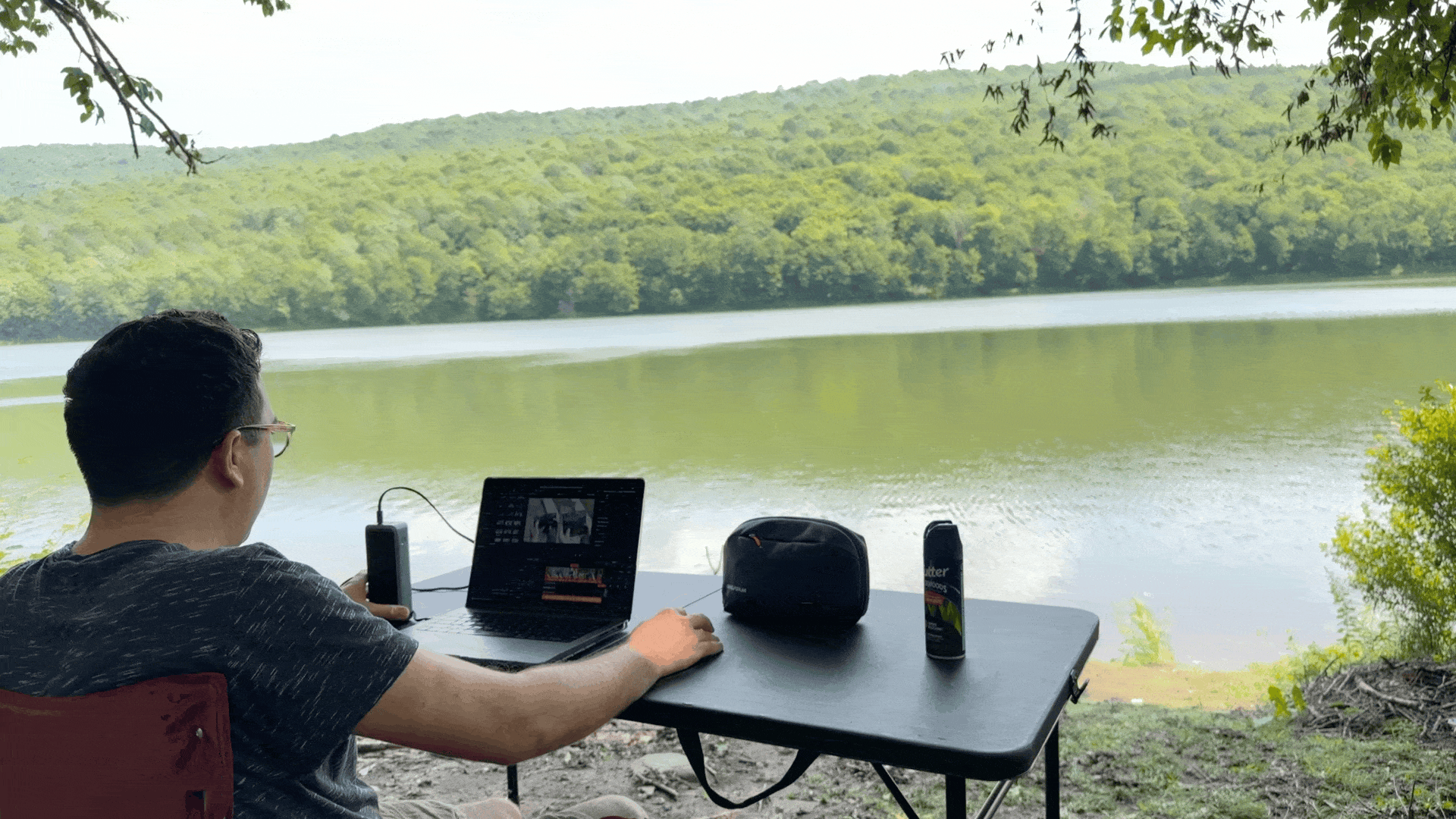 Working next to a lake with my Honda Element