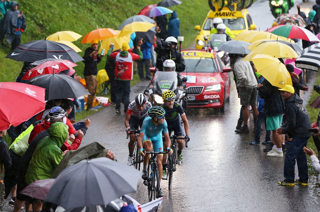 Vincenzo Nibali (Astana) was off the front trying to win the stage as Fabio Aru struggled up the Joux Plane