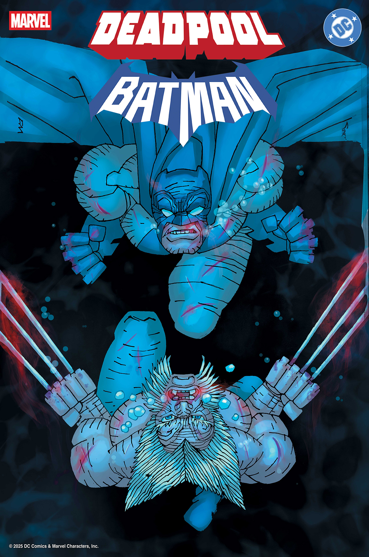 Frank Miller&#039;s variant cover for Deadpool/Batman #1 showing his Dark Knight Batman facing off with Old Man Logan Wolverine