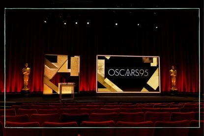 a long shot of The Oscars stage and statue taken in Hollywood’s Dolby Theatre