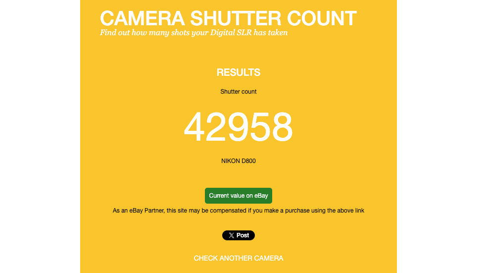 Screenshot from Camera Shutter Count showing 42,958 shutter actuations from a Nikon D800