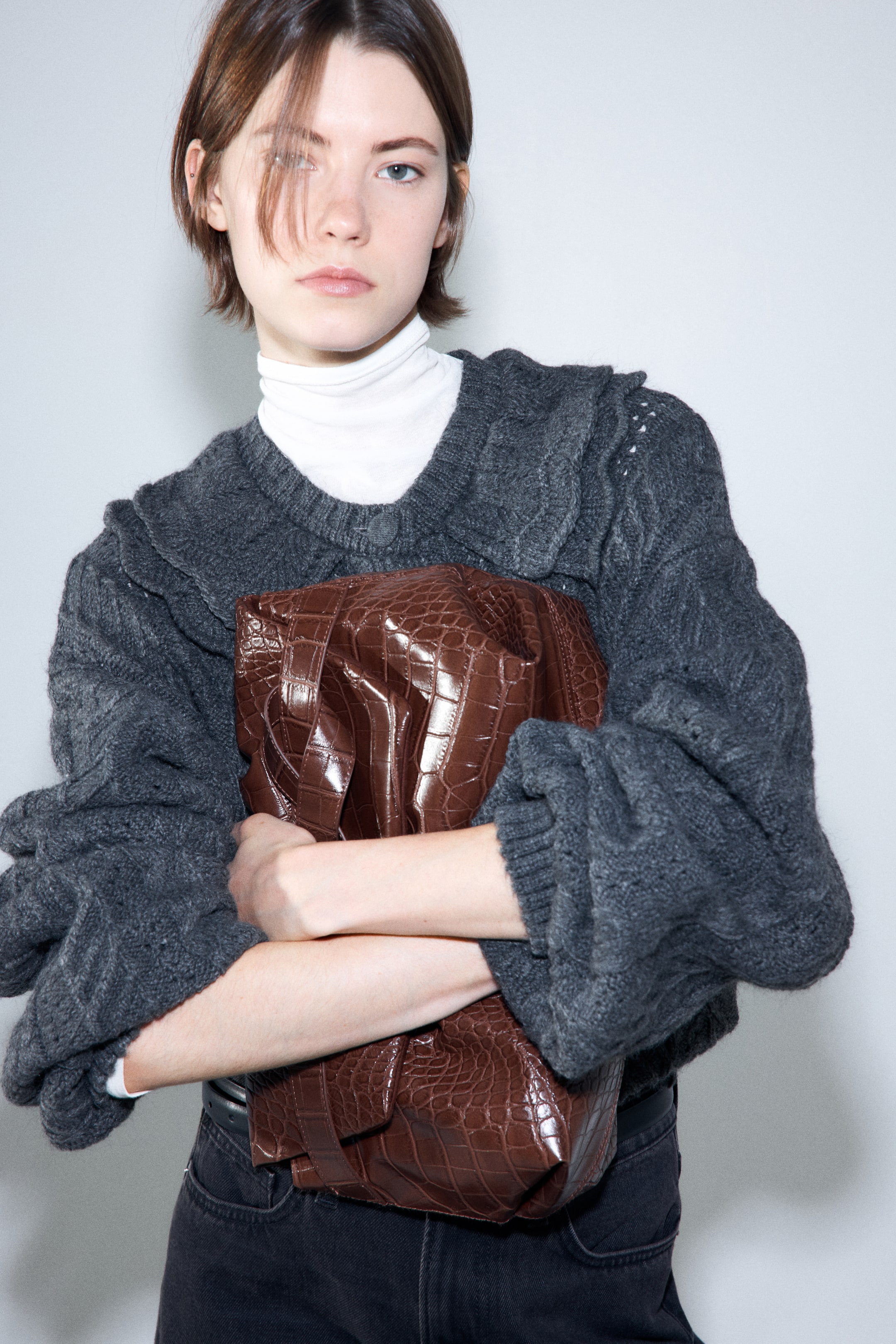 Collared Cable-Knit Cardigan - Dark Grey