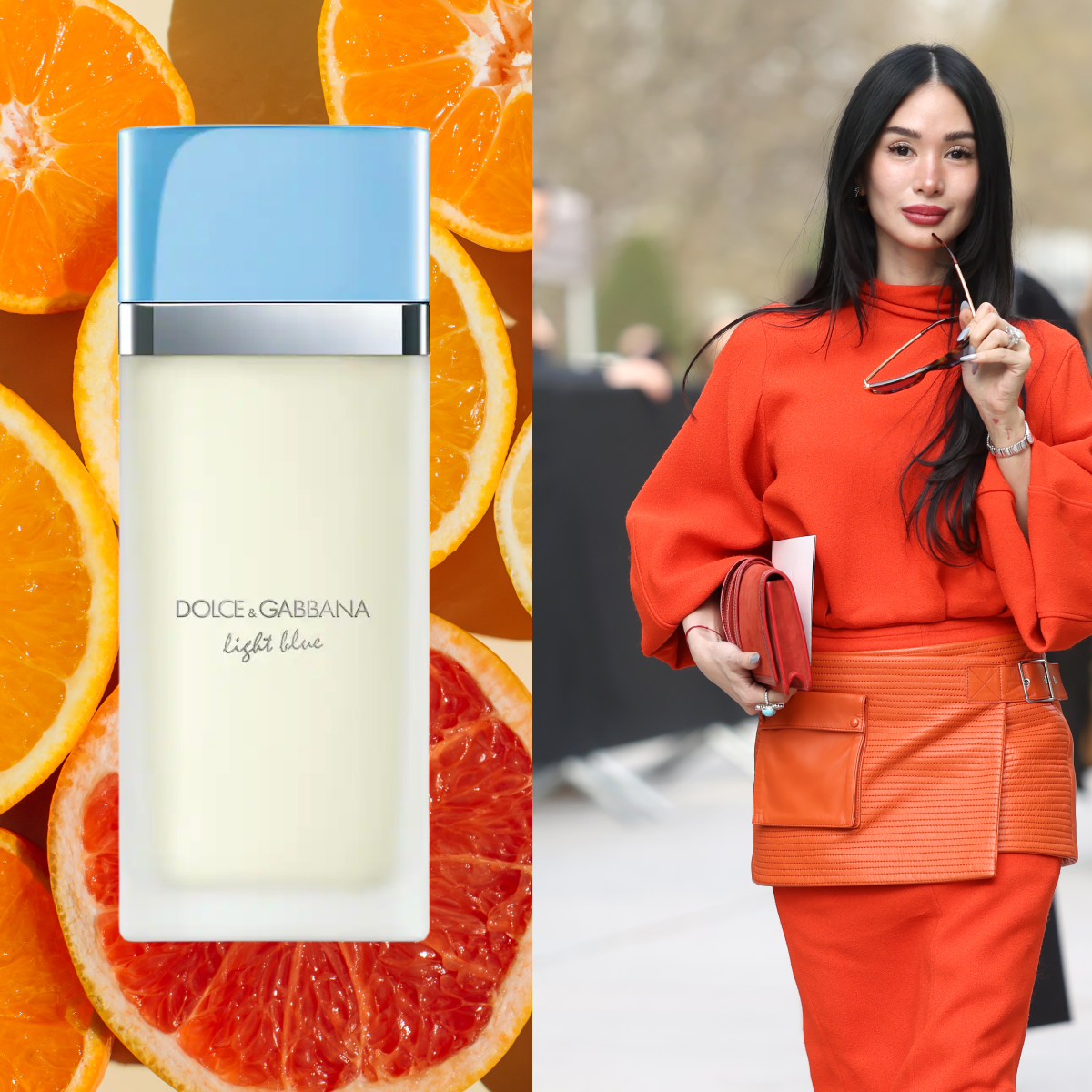 A woman wearing a monochromatic orange outfit next to a bottle of citrus perfumes in front of a background of oranges.