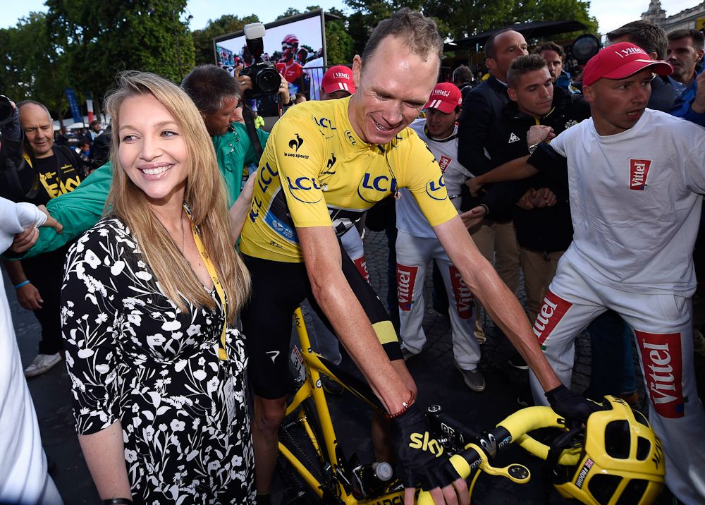 Chris Froome and his wife, Michelle, following stage 21 of the 2015 Tour de France.