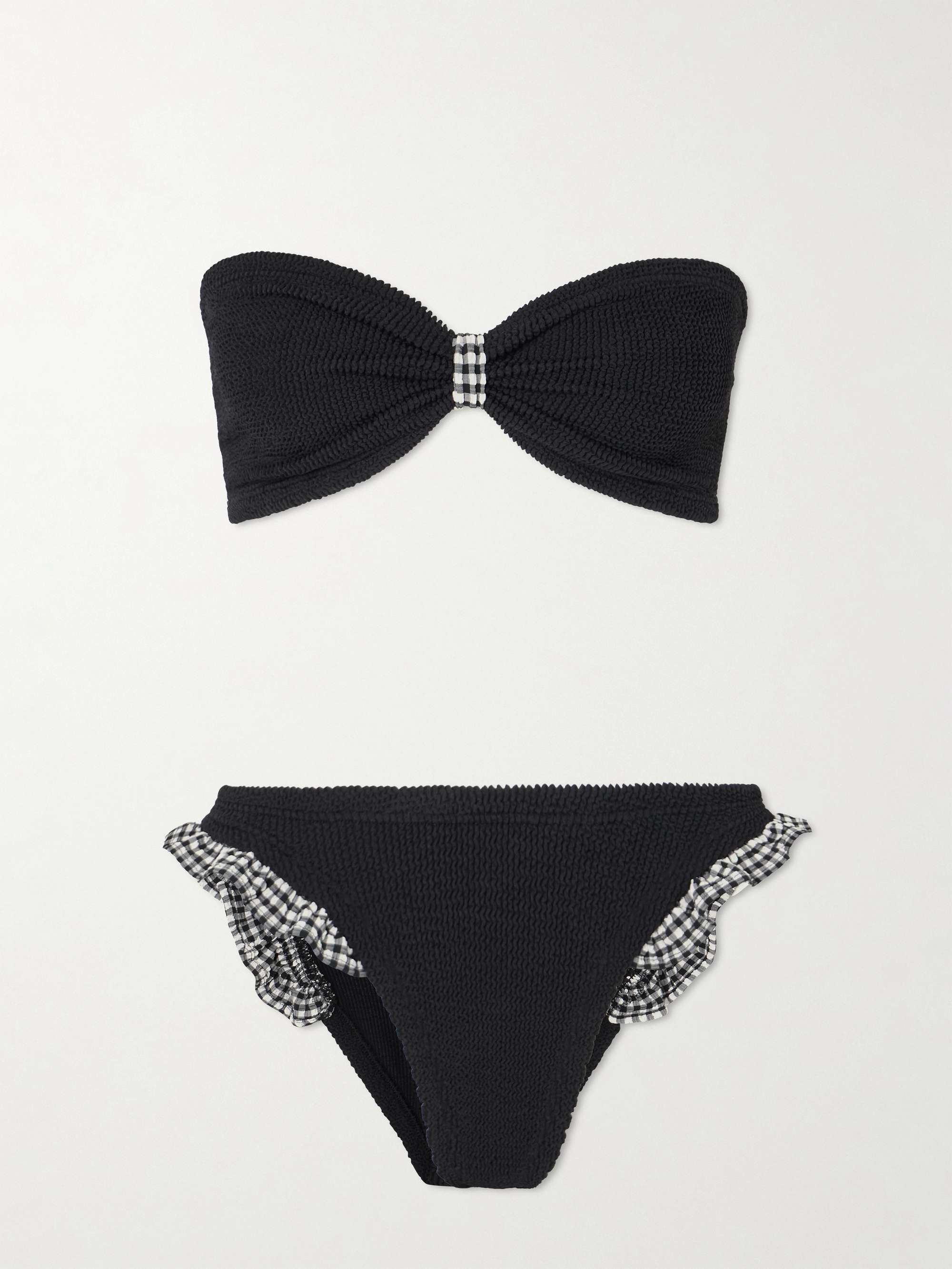 Jean Ruffled Gingham-Trimmed Seersucker Bandeau Bikini
