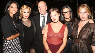 Emma Heming, Rumer Willis, father Bruce Willis, sister Tallulah Belle Willis, mother Demi Moore and sister Scout LaRue Willis pose backstage as Rumer makes her broadway debut as "Roxie Hart" in Broadway's "Chicago" on Broadway at The Ambassador Theater on September 21, 2015 in New York City.