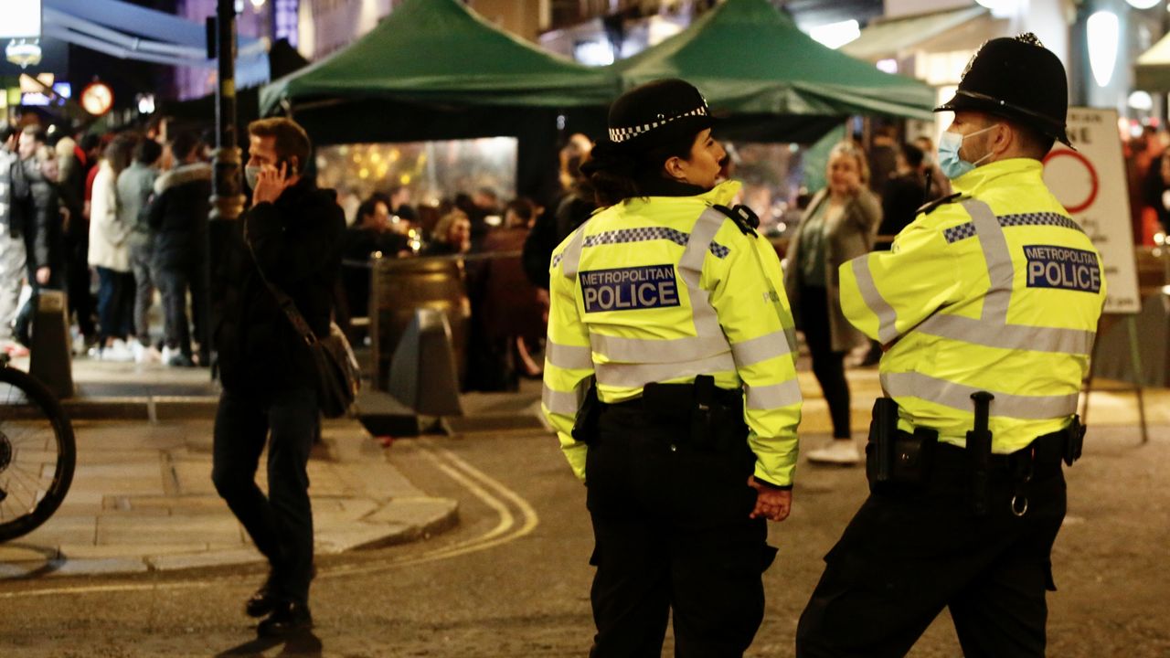 Police patrol Soho after coronavirus restrictions were lifted in April