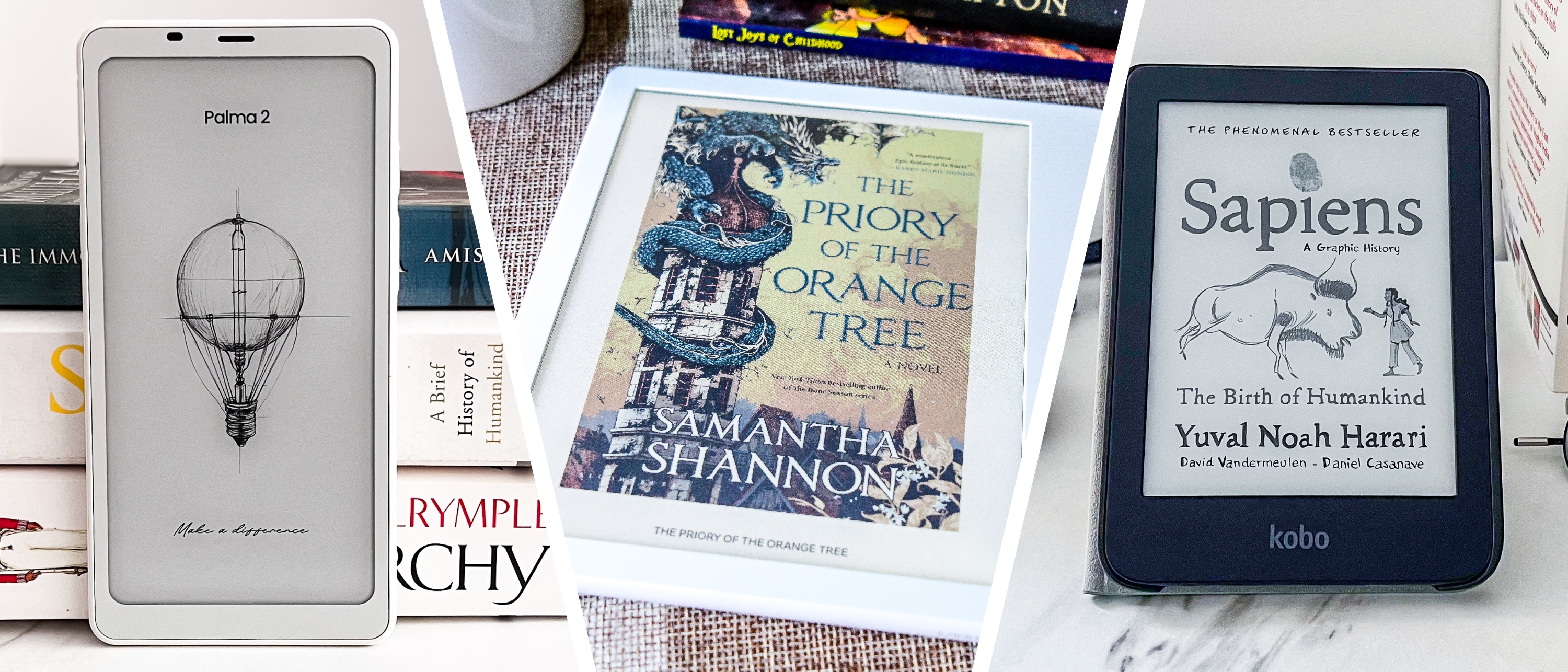 Two Kobo ereaders and a Boox ereader