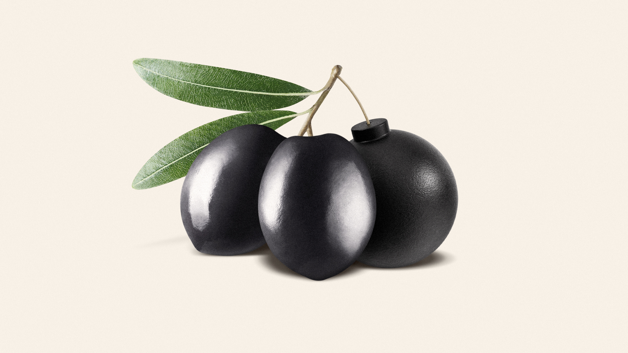 Illustration of black olives with a bomb attached