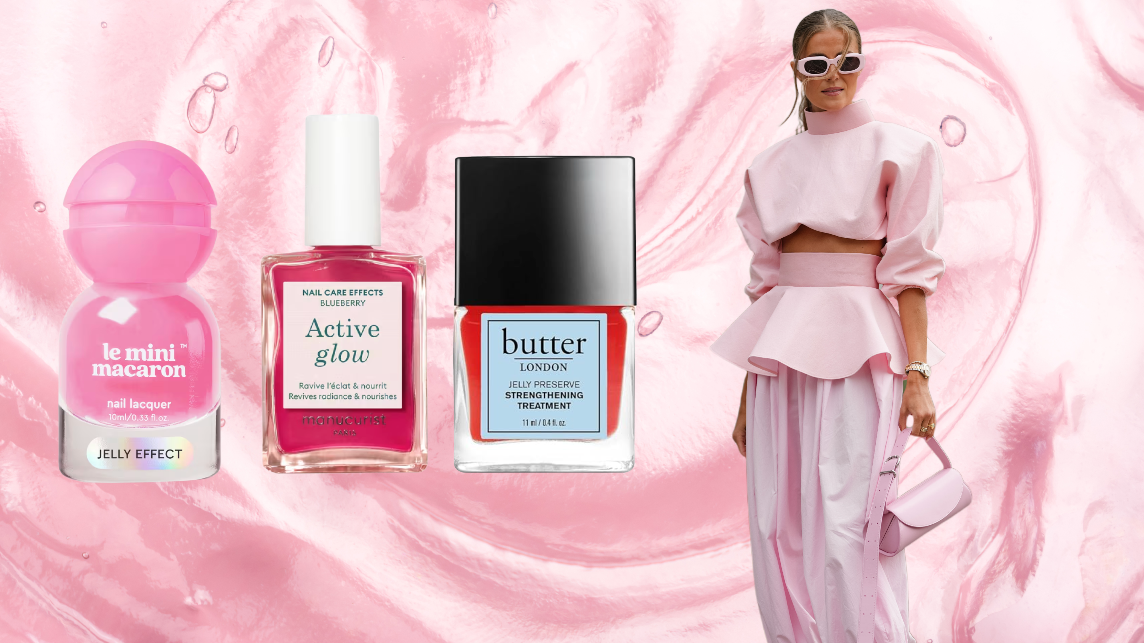 A woman wearing a monochromatic pink outfit next to three bottles of pink nail polish