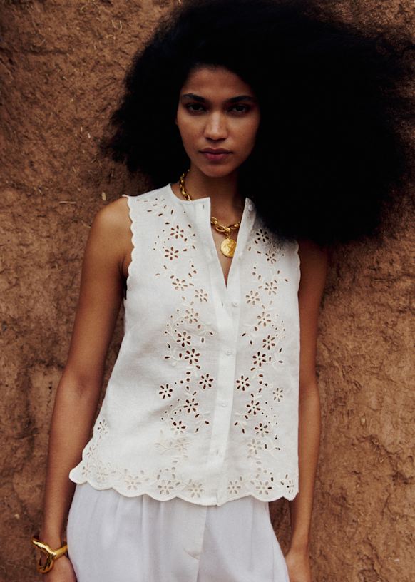 Isea Shirt - Ecru With Contrasting Cream Embroidery - Organic Cotton - S&amp;eacute;zane