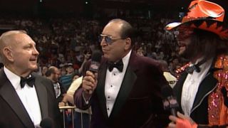 Randy Savage, Gorilla Monsoon and Art Donovan provide commentary during 1994 King Of The Ring.