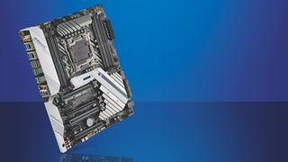 Computer motherboard on a blue background