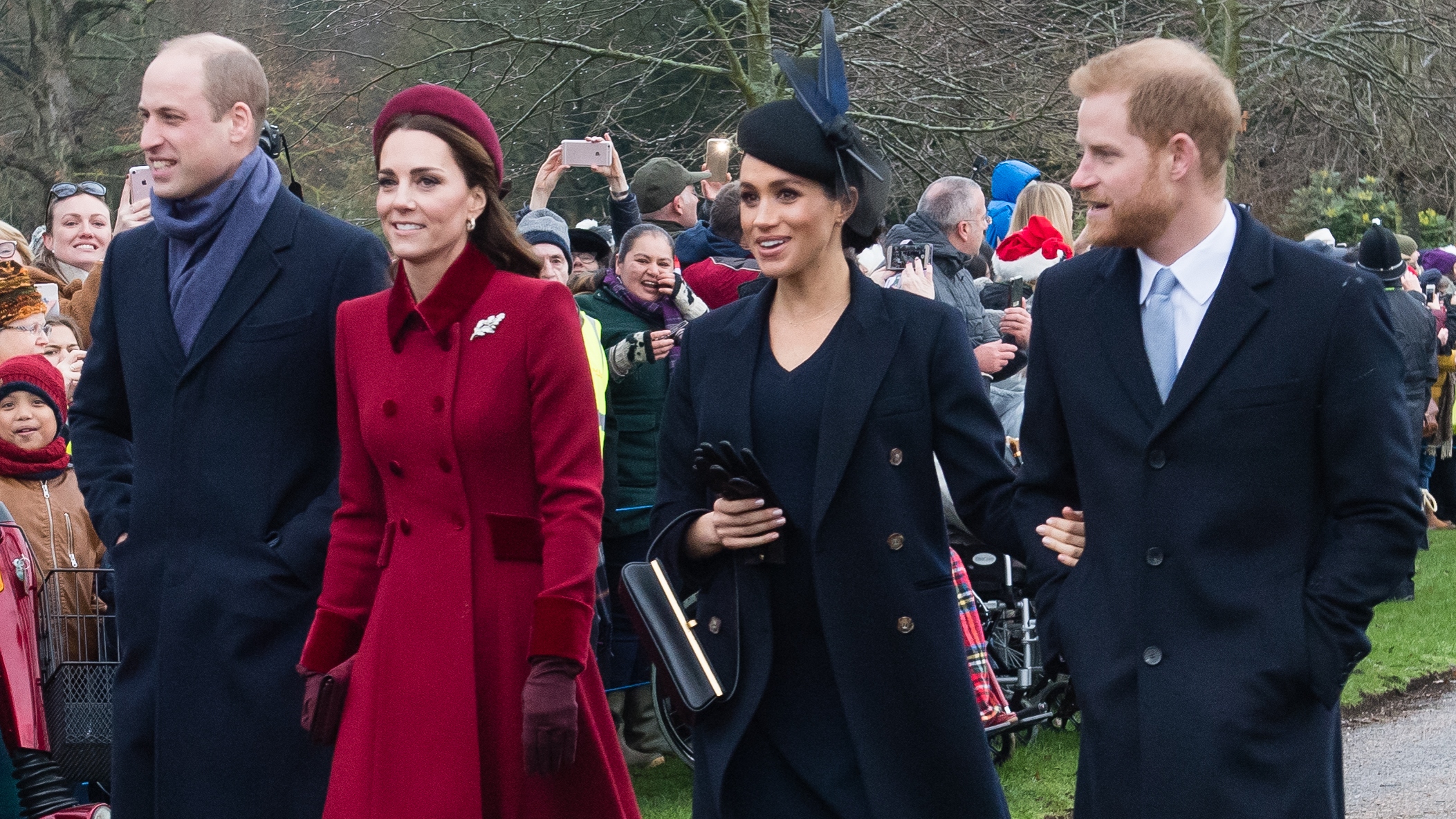Prince William, Catherine, Princess of Wales, Meghan, Duchess of Sussex and Prince Harry attend Christmas Day Church service on December 25, 2018