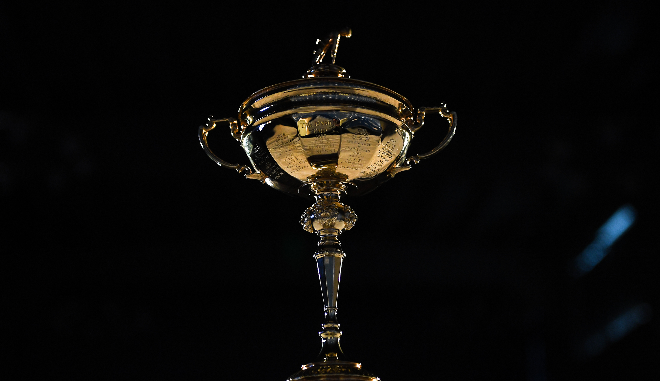 A close-up of the Ryder Cup trophy