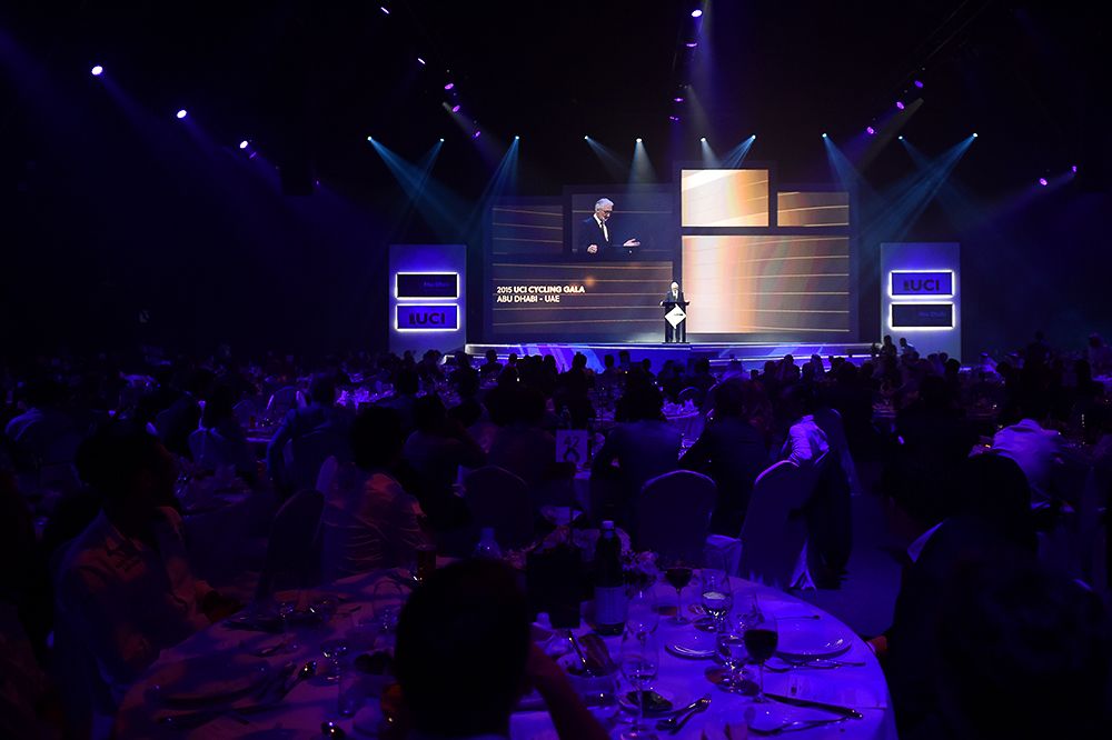 UCI President Brian Cookson addresses the crowd at the UCI Cycling Gala.