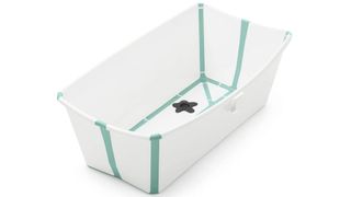 Image of a rectangle baby bathtub with teal edging