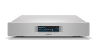 Lumin U2 Mini network streamer in silver on white background with Beethoven Ode To Joy on display