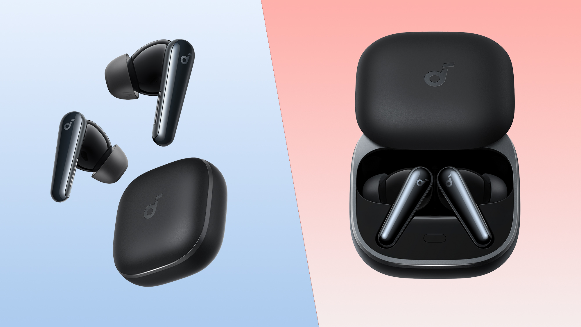 A collage of the Soundcore Liberty 5 true wireless earbuds, alternately shown outside their charging case and inserted into it.