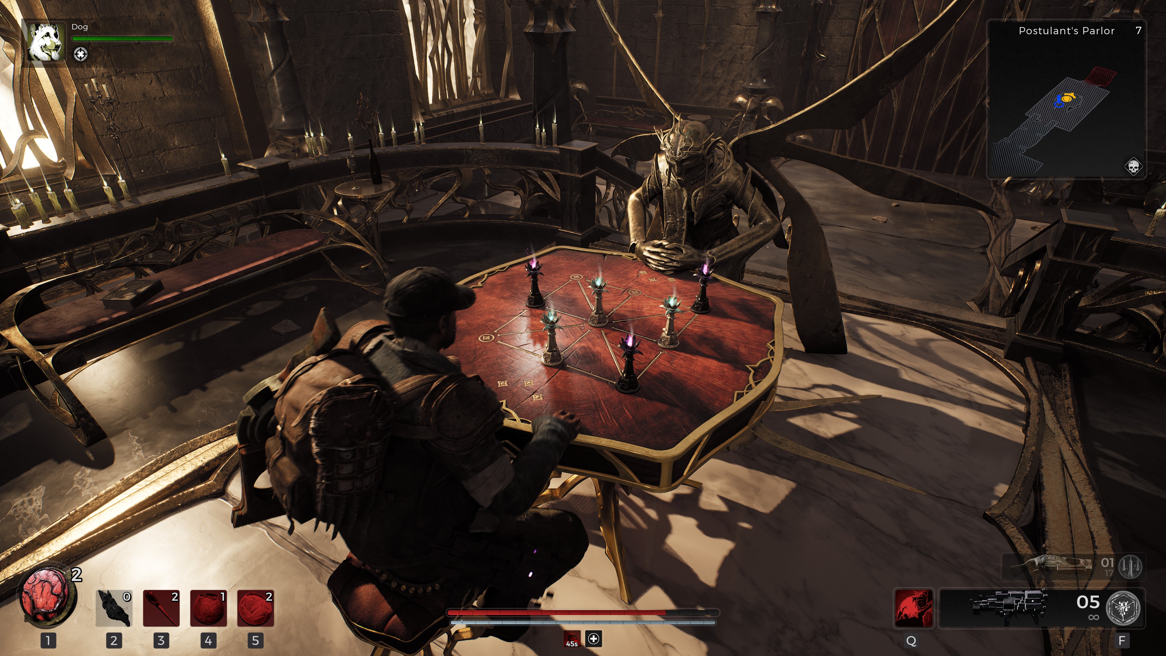A character playing a strange board game against a monster in Remnant 2.