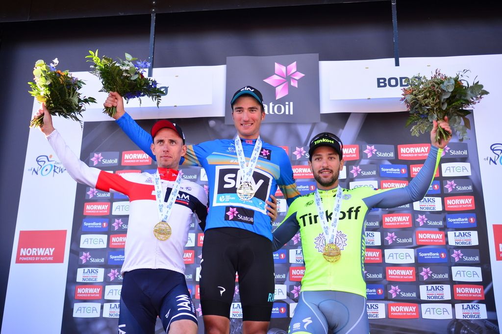 Stef Clement (IAM Cycling), Gianni Moscon (Team Sky) and Oscar Gatto (Tinkoff) on the podium