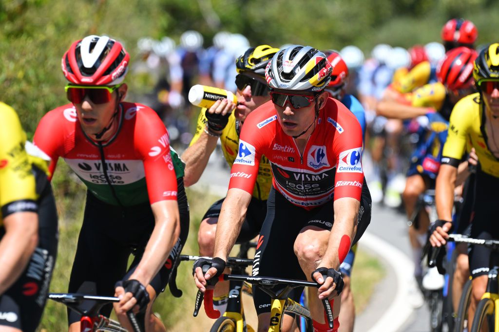 PICO VILLUERCAS SPAIN AUGUST 20 Wout van Aert of Belgium and Team Visma Lease a Bike Red Leader Jersey competes during the La Vuelta 79th Tour of Spain 2024 Stage 4 a 1705km stage from Plasencia to Pico Villuercas 1544m UCIWT on August 20 2024 in Pico Villuercas Spain Photo by Tim de WaeleGetty Images