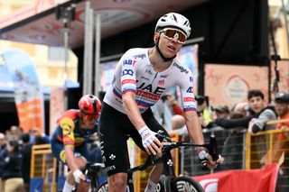 UAE Team Emirates' Slovenian rider Tadej Pogacar reacts after the 115th Milan-SanRemo one-day classic cycling race, between Pavia and SanRemo, on March 16, 2024. (Photo by Marco BERTORELLO / AFP)