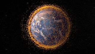 An artist's concept of the orbital debris field around Earth, based on real data from the NASA Orbital Debris Program Office.