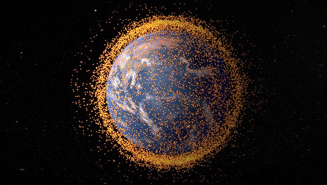 An artist&#039;s concept of the orbital debris field around Earth, based on real data from the NASA Orbital Debris Program Office.