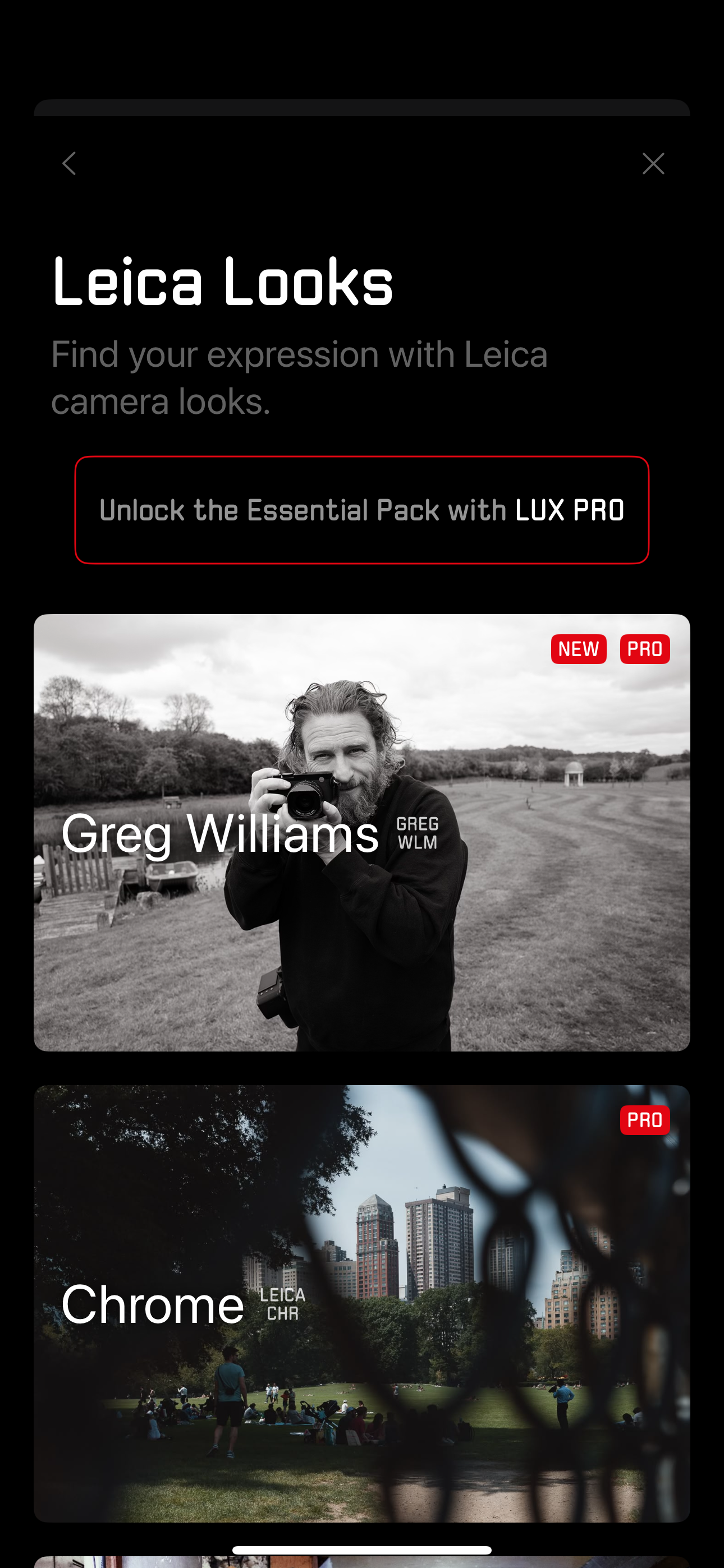 Screenshots from the Leica Lux iPhone app