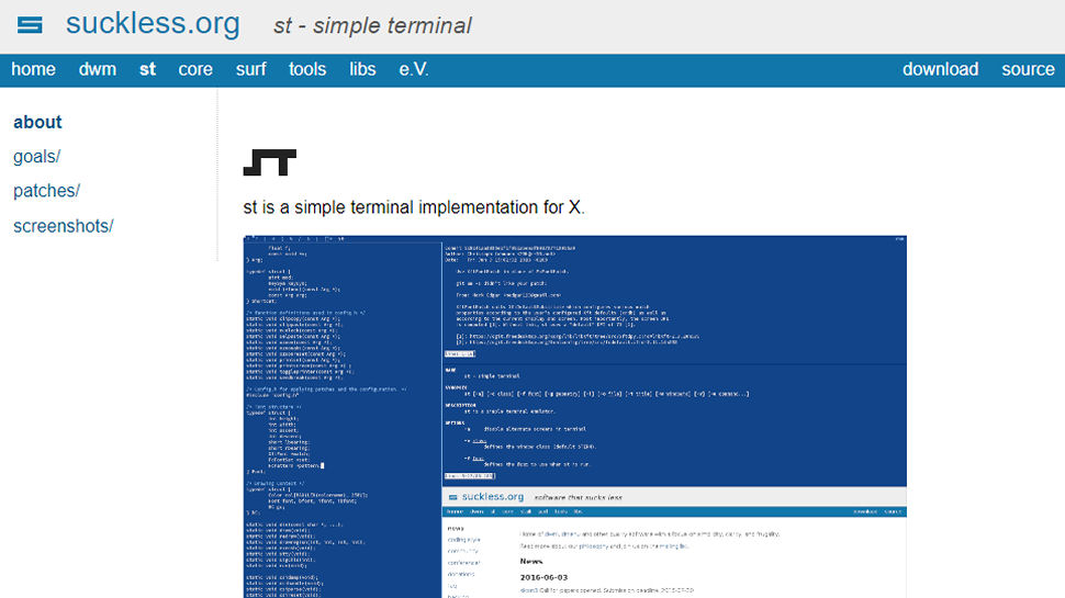 Website screenshot of st (simple terminal)