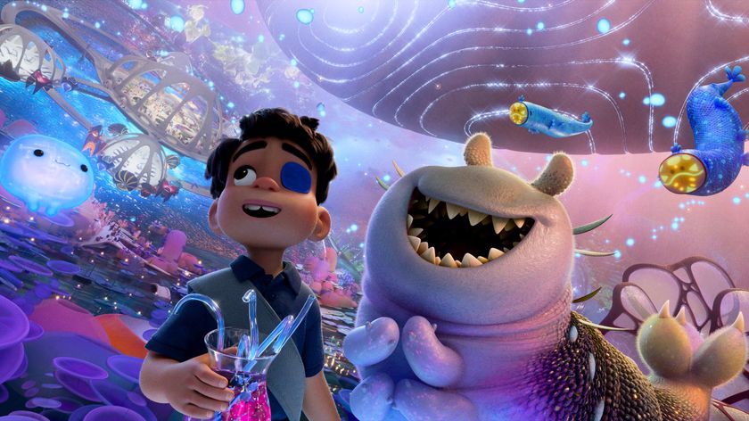 an animated boy in a cosmic whirlpool with aliens