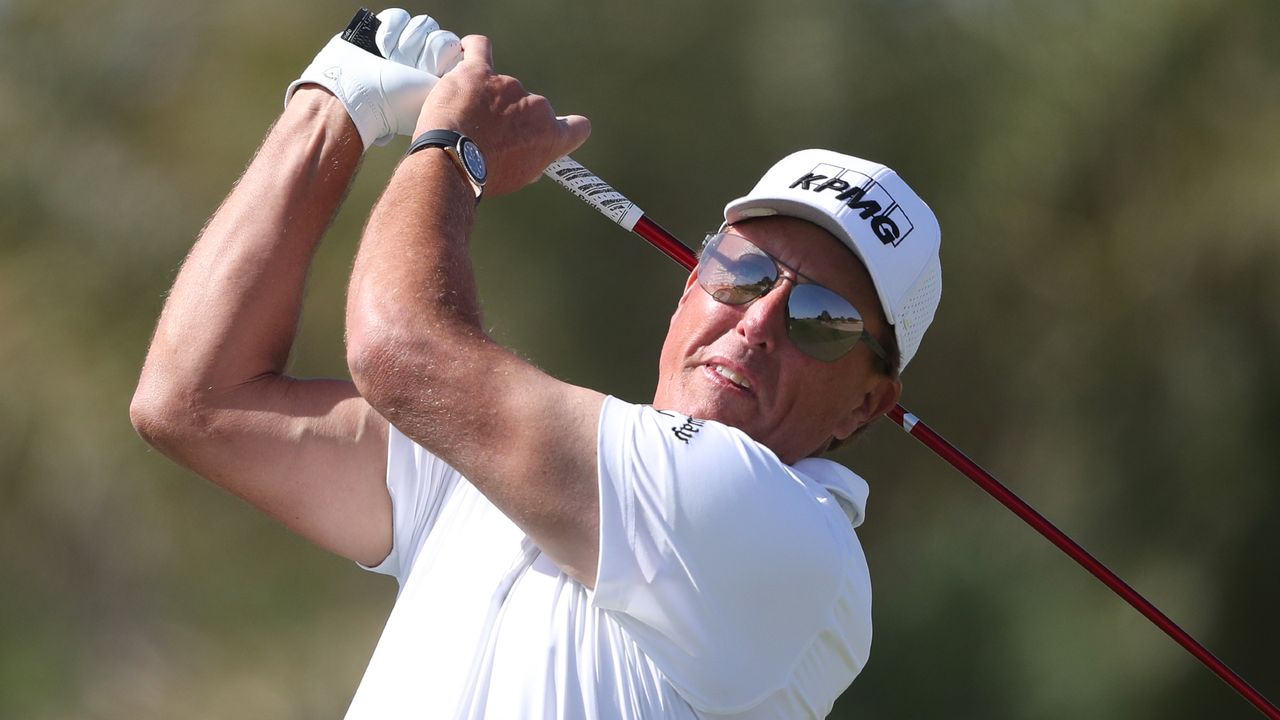 Phil Mickelson plays a tee shot during the 2022 PIF Saudi International