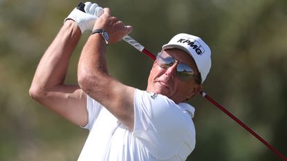 Phil Mickelson plays a tee shot during the 2022 PIF Saudi International