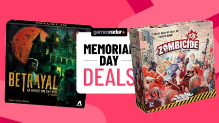 Betrayal at House on the Hill and Zombicide boxes on either side of a GamesRadar+ Memorial Day deals badge, all against a pink background with crosses