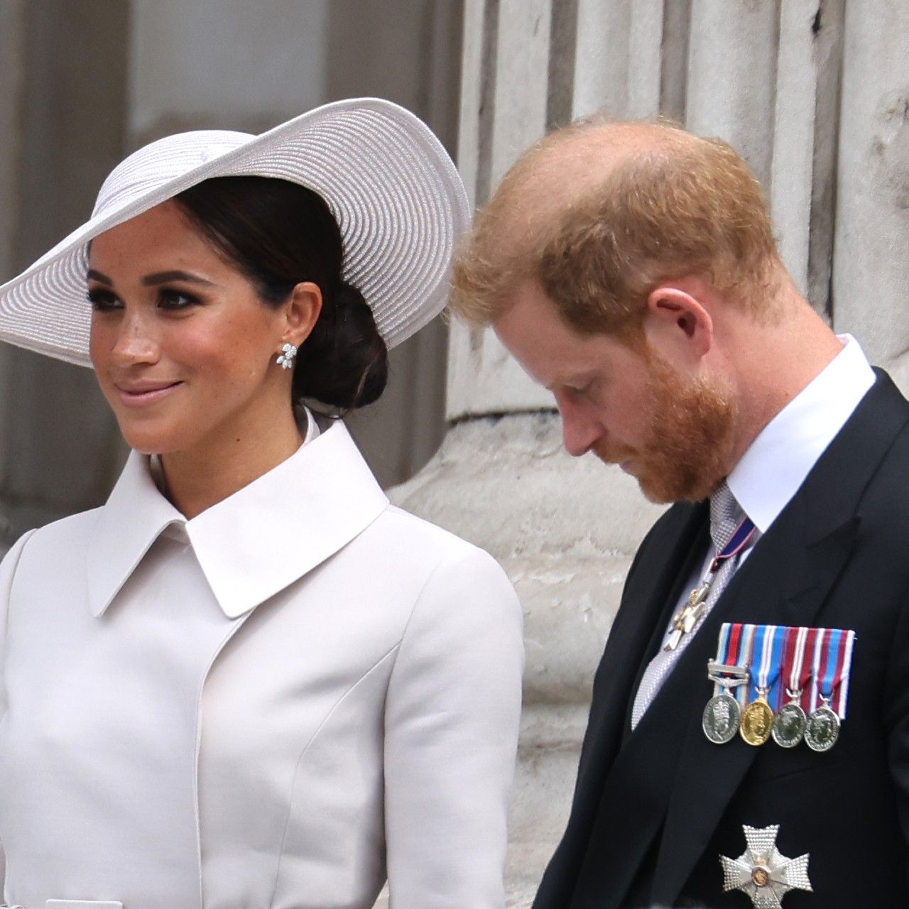 Meghan, Duchess of Sussex and Prince Harry, Duke of Sussex departing St. Paul's Cathedral after the Queen Elizabeth II Platinum Jubilee 2022 - National Service of Thanksgiving on June 03, 2022 in London, England. The Platinum Jubilee of Elizabeth II is being celebrated from June 2 to June 5, 2022, in the UK and Commonwealth to mark the 70th anniversary of the accession of Queen Elizabeth II on 6 February 1952