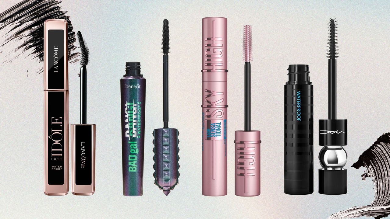 Collage of the best waterproof mascaras on a pastel watercolour background with mascara swatches