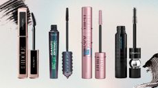 Collage of the best waterproof mascaras on a pastel watercolour background with mascara swatches
